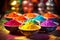 Colorful pots and drumms with Holi powder, Indian festival of colors