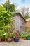 Colorful potted plants hiding a garden shed.