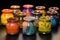 colorful pottery glazes in small glass containers