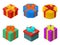 Colorful present and gift boxes with ribbon bows. Isometric view