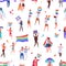 Colorful pride parade seamless pattern. Crowd of gay, lesbian, bisexual, transgender activists holding flags and