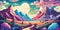 Colorful psychedelic landscape cartoon style wallpaper. 70s Hippie Clouds, Rainbows, sun, mountains background