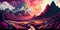 Colorful psychedelic landscape cartoon style wallpaper. 70s Hippie Clouds, Rainbows, sun, mountains background