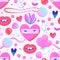 Colorful psychedelic seamless pattern with hearts, pink flowers, eyes, lips, cherries on a white background