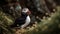 A colorful puffin perched on a branch, overlooking the tranquil sea generated by AI
