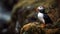 A colorful puffin perched on a cliff, watching birds in nature generated by AI