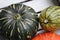 Colorful pumpkin, orange and spotted pumpkin, green pumpkins, vegetables, yellow flower