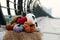 Colorful pumpkin ornament on outside table