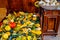 Colorful pumpkins in old wooden peasant bed