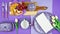 Colorful purple theme breakfast brunch table setting flatlay stop motion.