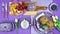 Colorful purple theme breakfast brunch table setting flatlay stop motion.