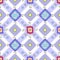 Colorful quadrangular figures with antennae are arranged in rows, connected by purple lines. Seamless ornament. Vector