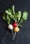 Colorful radishes on a dark background, top view