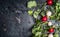 Colorful radishes with green haulm leaves on dark rustic background, top view, place for text