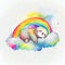 Colorful rainbow baby sloth sleeping on a cloud watercolour