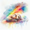 Colorful rainbow baby sloth sleeping on a cloud watercolour