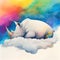 Colorful rainbow baby white rhino sleeping on a cloud watercolor