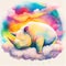 Colorful rainbow baby white rhino sleeping on a cloud watercolor