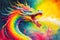 Colorful rainbow Chinese Dragon breathing fire watercolor painting