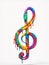 A colorful rainbow-colored music note clef made up of fluid melt dripping liquid flow dripping