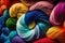 Colorful rainbow knitting yarn. Scarf knitted background. Multi-color skeins. Arts and crafts wallpaper.