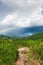 Colorful rainbow over tropical mountain valley in the rain, scenic landscape green forest and stream in countryside