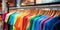 Colorful rainbow shirts in shop at shopping mall. Commerce, clothing sale