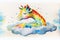 Colorful rainbow tall giraffe sleeping on a cloud watercolor painting animal animals