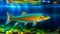 Colorful rainbow trout fish swimming in an aquarium. Aquarium.