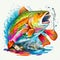 Colorful rainbow trout jumping out of the water. Illustration. Generative AI