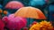 Colorful raindrops, umbrellas, and radiant hues create a cheerful spring display