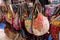 Colorful Rajasthani ladies bags are displayed for sale at famous Sardar Market and Ghanta ghar Clock tower in Jodhpur, Rajasthan,