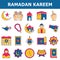 Colorful Ramadan Kareem Islamic festival flat with outline icons set. Easy to edit