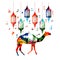 Colorful Ramadan lamps with Arabic Islamic calligraphy symbols and camel isolated vector illustration. Typography background with