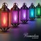 Colorful Ramadan Lanterns or Fanous with Lights and Ramadan Kareem Greetings