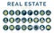 Colorful Real Estate Round Icon Set of Home, House, Apartment, Buying, Renting, Searching, Investment, Choosing, Wishlist, Low