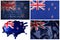 colorful realistic flag of new zealand in different styles and with different textures on the white background.collage. 3D