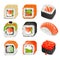 Colorful realistic japanese food icons set with different sushi and rolls on white background isolated vector