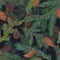 Colorful realistic seamless pattern with conifer branches and cones. Hand drawn background with evergreen plant