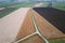 Colorful and rectangular fields with corn and wheat from a bird`s eye view