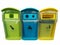 Colorful recycle bins isolated on white background: Green bin is plastic bottle garbage, blue bin is can and glass garbage and