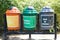 Colorful Recycle Bins In The Park, multicoloured garbage trash bins Environment
