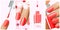 Colorful red collection of nail designs for summer and spring. Vector 3d illustration. Nailpolish lacquer ads, nail