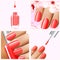 Colorful red collection of nail designs for summer and spring. Vector 3d illustration. Nailpolish lacquer ads, nail