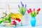Colorful red spring tulip flowers in nice blue vase with tulips and mimosa bush in basket and vase with lavender on light wooden b