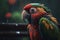 Colorful red wet parrot in jungle. Portrait tropical exotic bird in rain