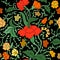 Colorful Red, Yellow and Green East Asian Seamless Floral Pattern on Black.