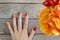 Colorful red Yellow orange manicure with a design