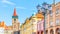 Colorful renaissance houses and Valdice Gate at Wallenstein Square in Jicin, Czech Republic