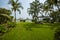 Colorful resort condos with palm trees